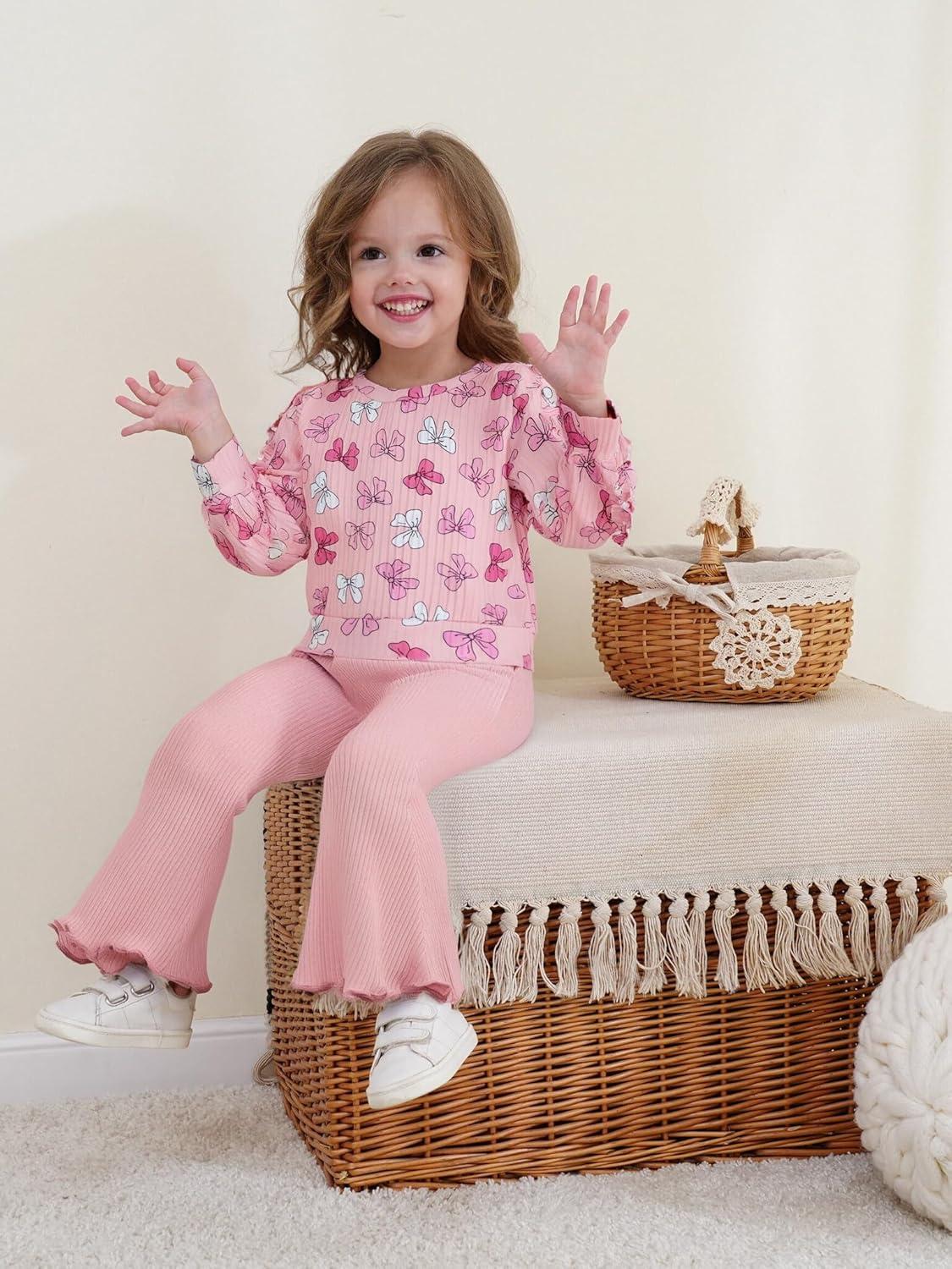 imageRenotemy Toddler Baby Girl Clothes Fall Winter Outfits Ruffle Sleeve Crew Neck Sweatshirts Flare Pants Set 12Months4 YearPink Bow