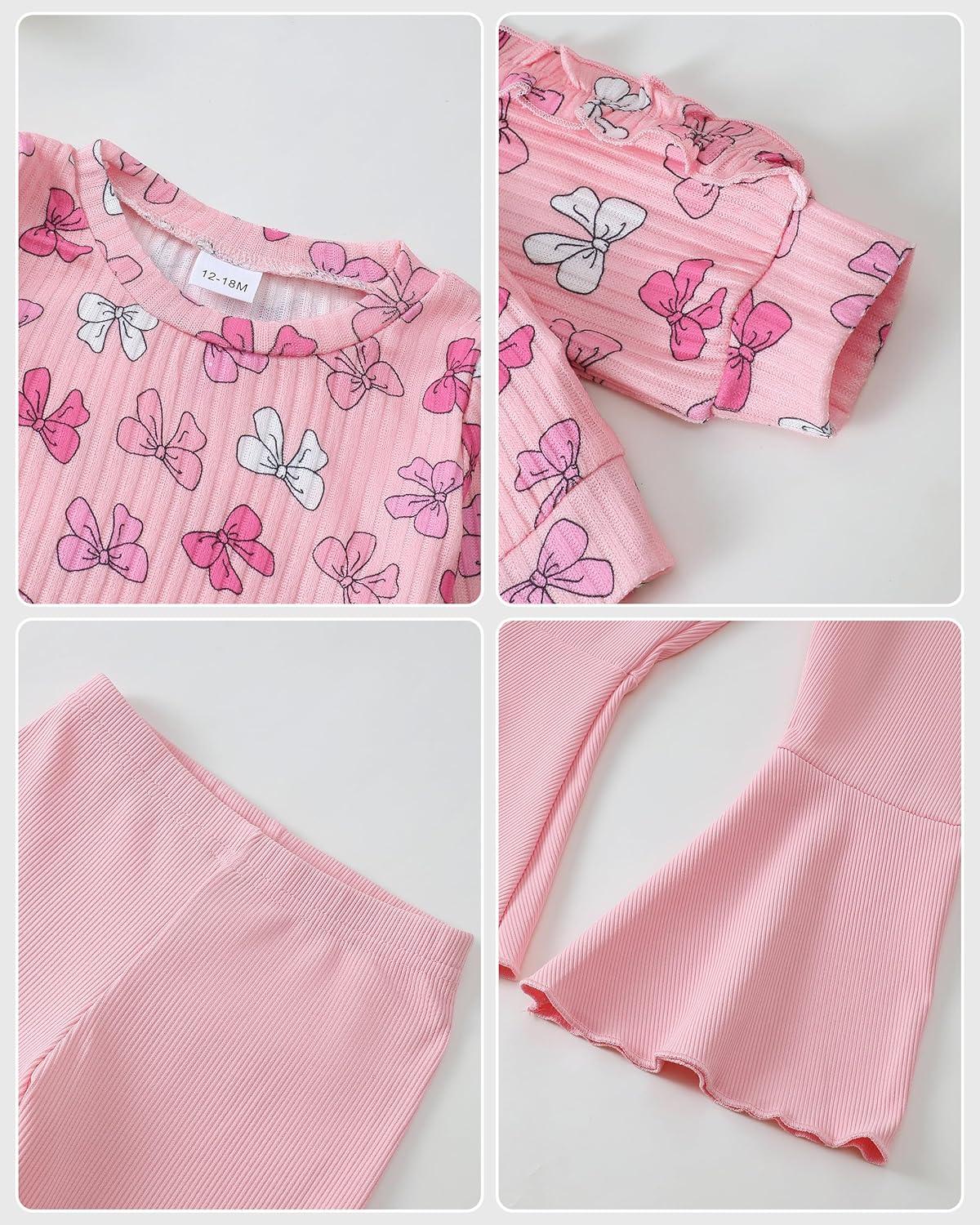 imageRenotemy Toddler Baby Girl Clothes Fall Winter Outfits Ruffle Sleeve Crew Neck Sweatshirts Flare Pants Set 12Months4 YearPink Bow