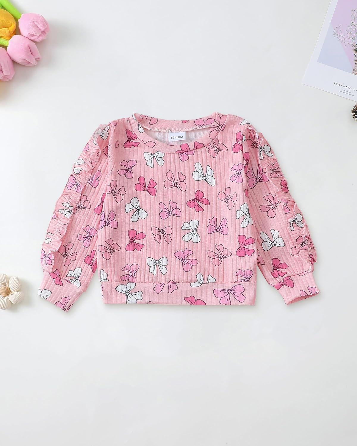 imageRenotemy Toddler Baby Girl Clothes Fall Winter Outfits Ruffle Sleeve Crew Neck Sweatshirts Flare Pants Set 12Months4 YearPink Bow