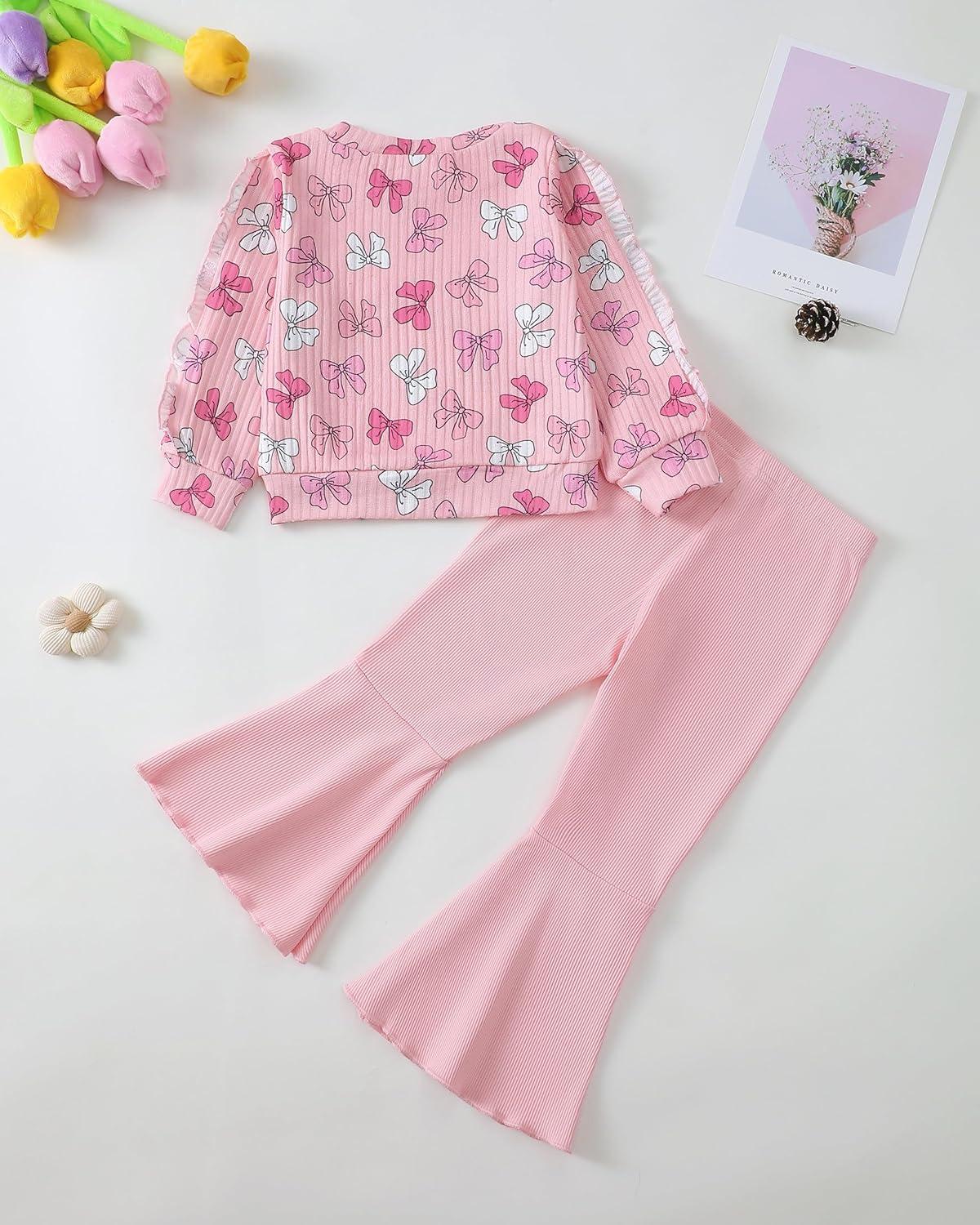 imageRenotemy Toddler Baby Girl Clothes Fall Winter Outfits Ruffle Sleeve Crew Neck Sweatshirts Flare Pants Set 12Months4 YearPink Bow