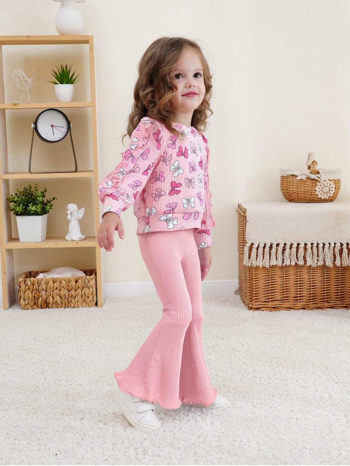 imageRenotemy Toddler Baby Girl Clothes Fall Winter Outfits Ruffle Sleeve Crew Neck Sweatshirts Flare Pants Set 12Months4 YearPink Bow