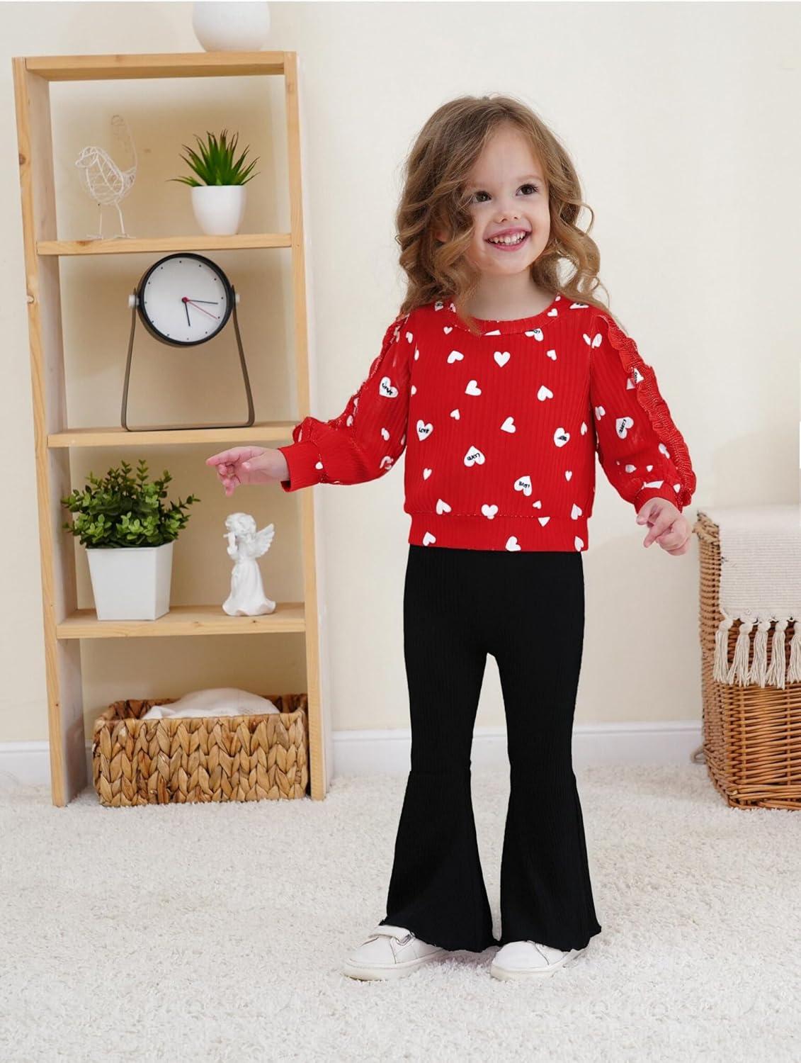 imageRenotemy Toddler Baby Girl Clothes Fall Winter Outfits Ruffle Sleeve Crew Neck Sweatshirts Flare Pants Set 12Months4 YearRed Heart