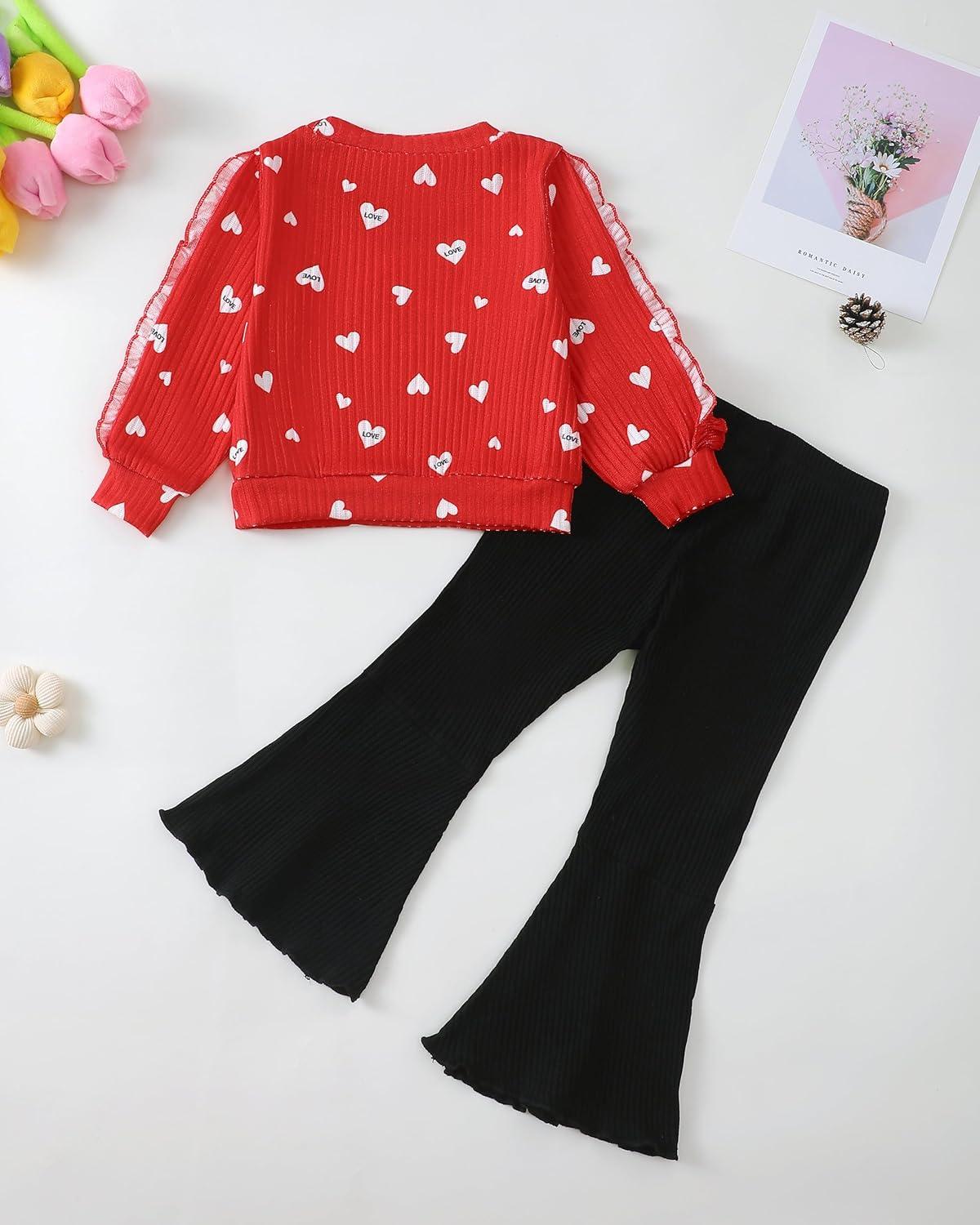 imageRenotemy Toddler Baby Girl Clothes Fall Winter Outfits Ruffle Sleeve Crew Neck Sweatshirts Flare Pants Set 12Months4 YearRed Heart