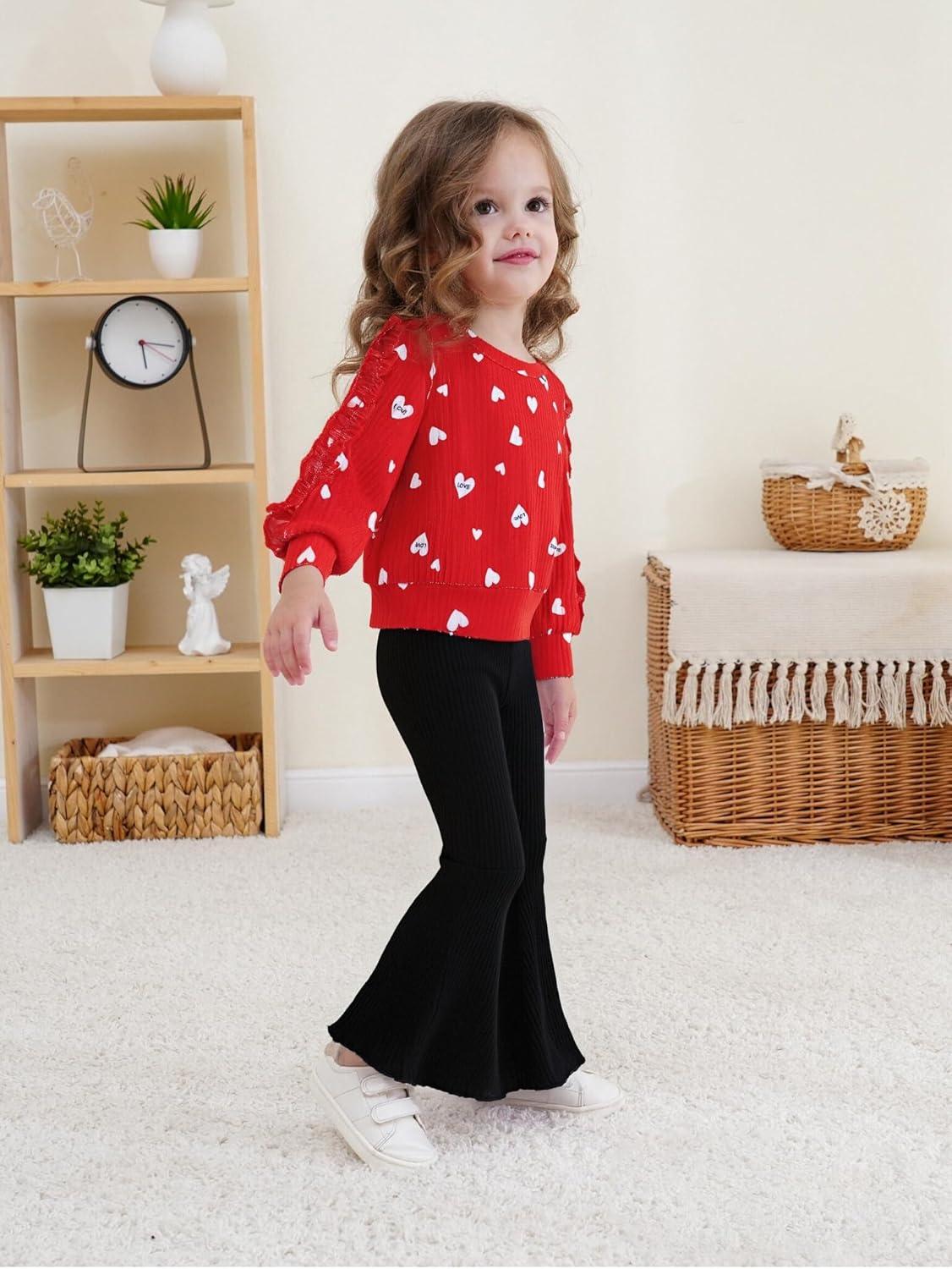 imageRenotemy Toddler Baby Girl Clothes Fall Winter Outfits Ruffle Sleeve Crew Neck Sweatshirts Flare Pants Set 12Months4 YearRed Heart