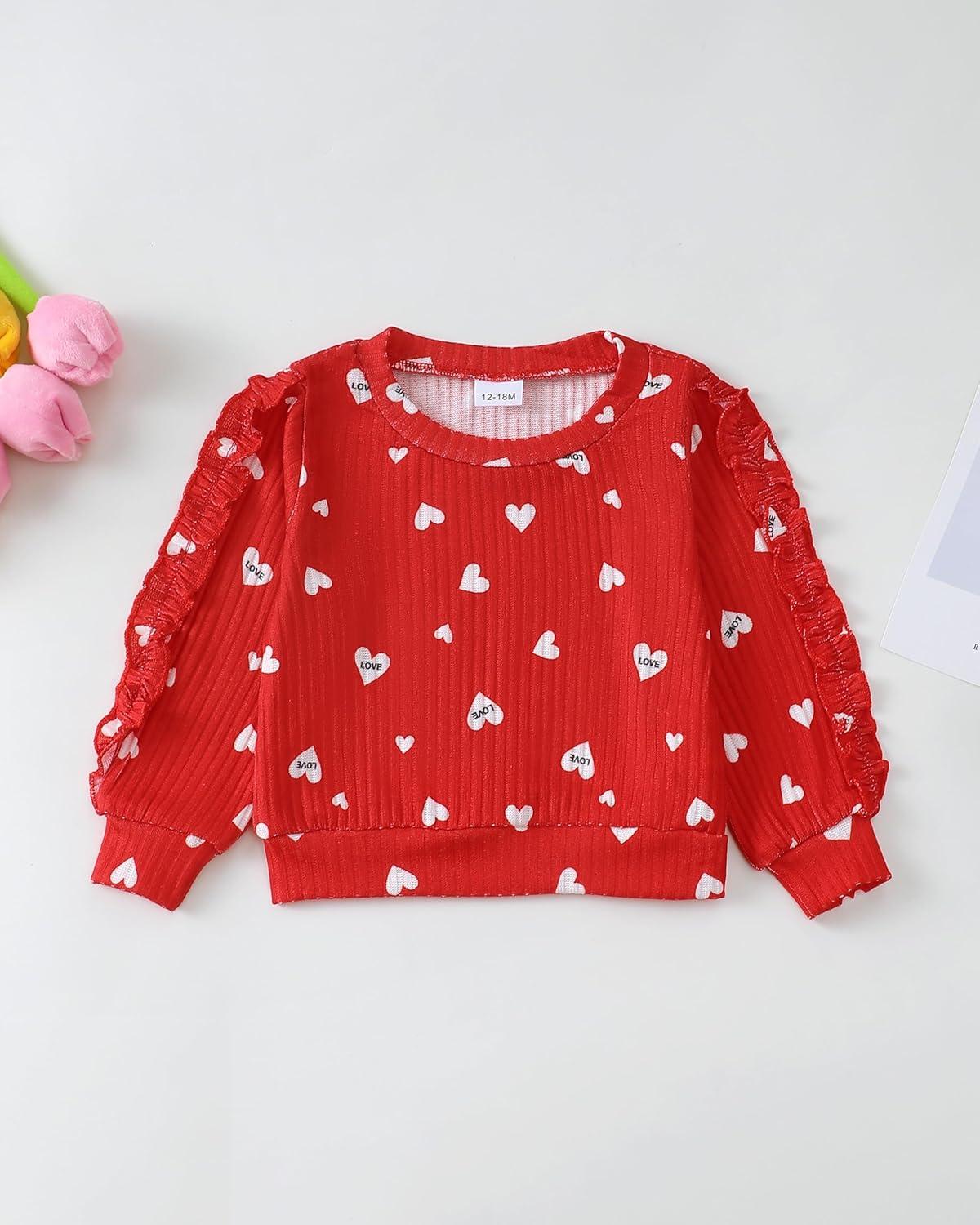 imageRenotemy Toddler Baby Girl Clothes Fall Winter Outfits Ruffle Sleeve Crew Neck Sweatshirts Flare Pants Set 12Months4 YearRed Heart