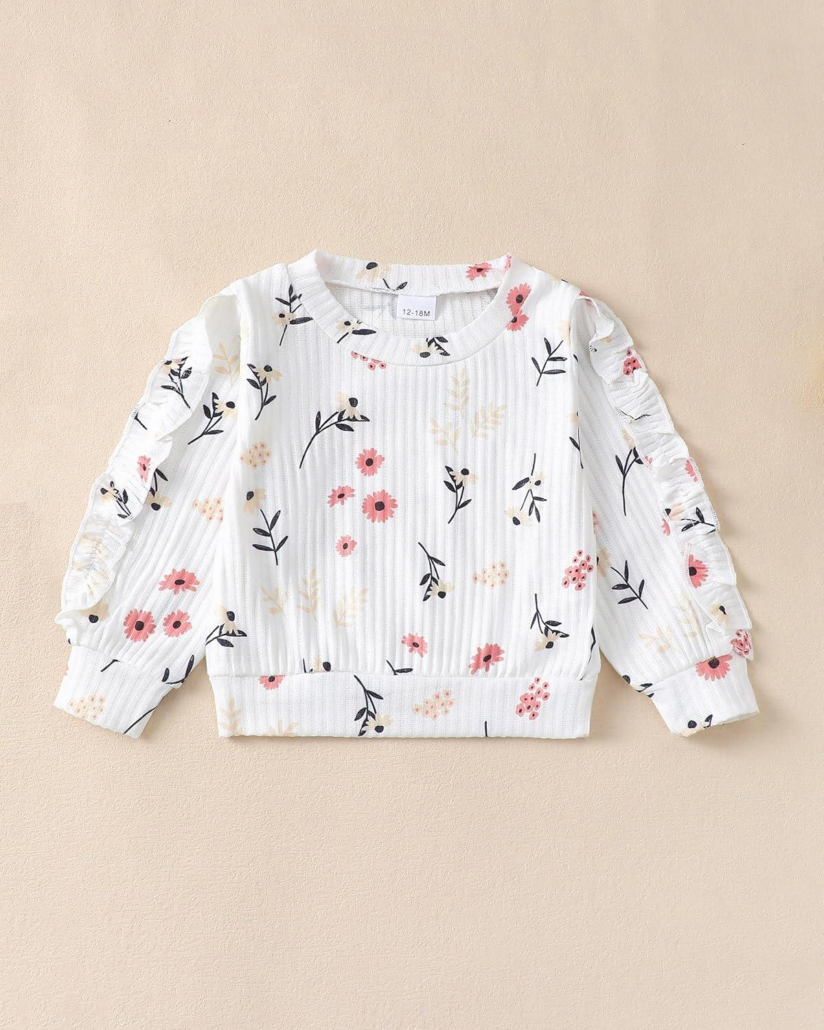 imageRenotemy Toddler Baby Girl Clothes Fall Winter Outfits Ruffle Sleeve Crew Neck Sweatshirts Flare Pants Set 12Months4 YearWhite Flower