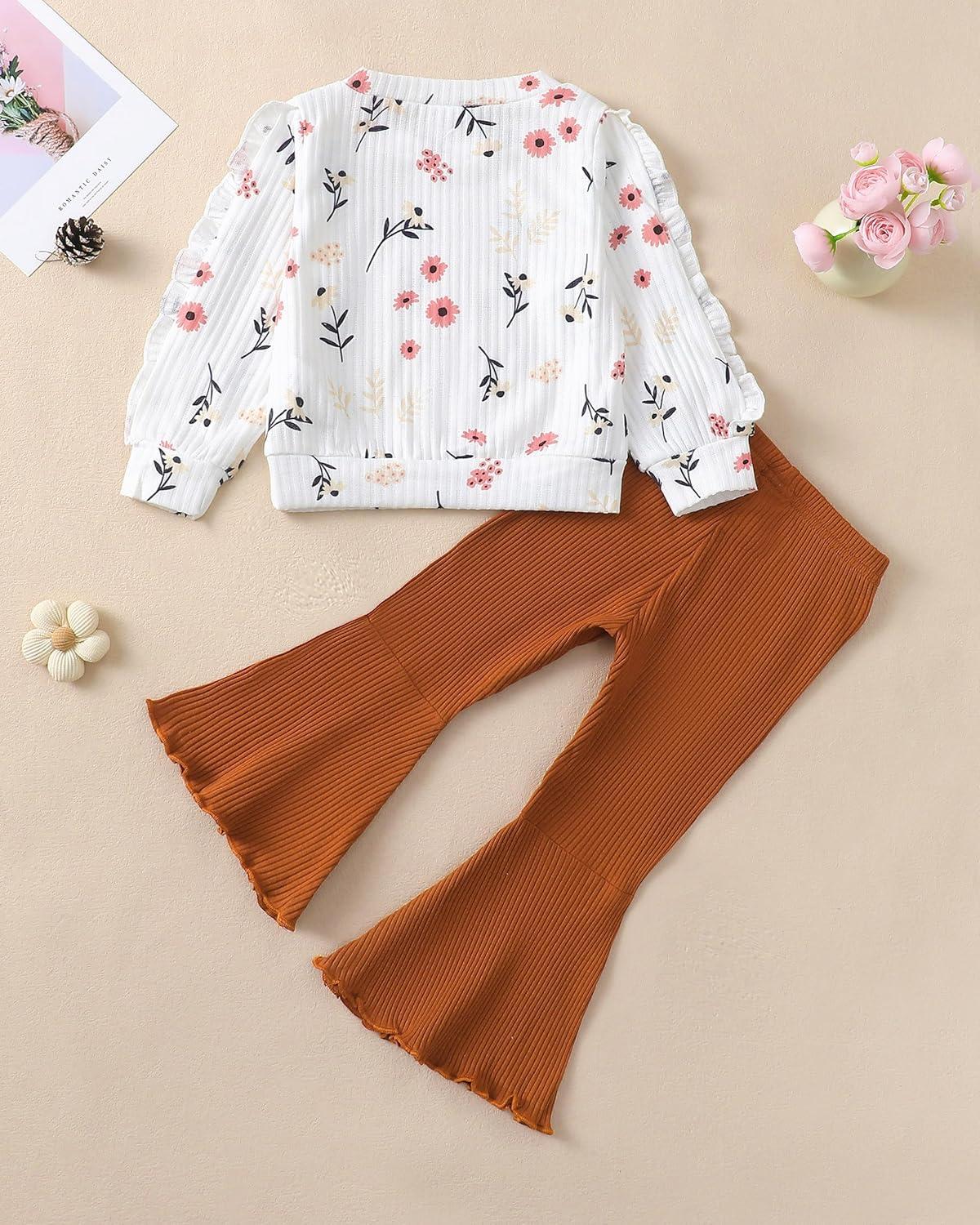 imageRenotemy Toddler Baby Girl Clothes Fall Winter Outfits Ruffle Sleeve Crew Neck Sweatshirts Flare Pants Set 12Months4 YearWhite Flower
