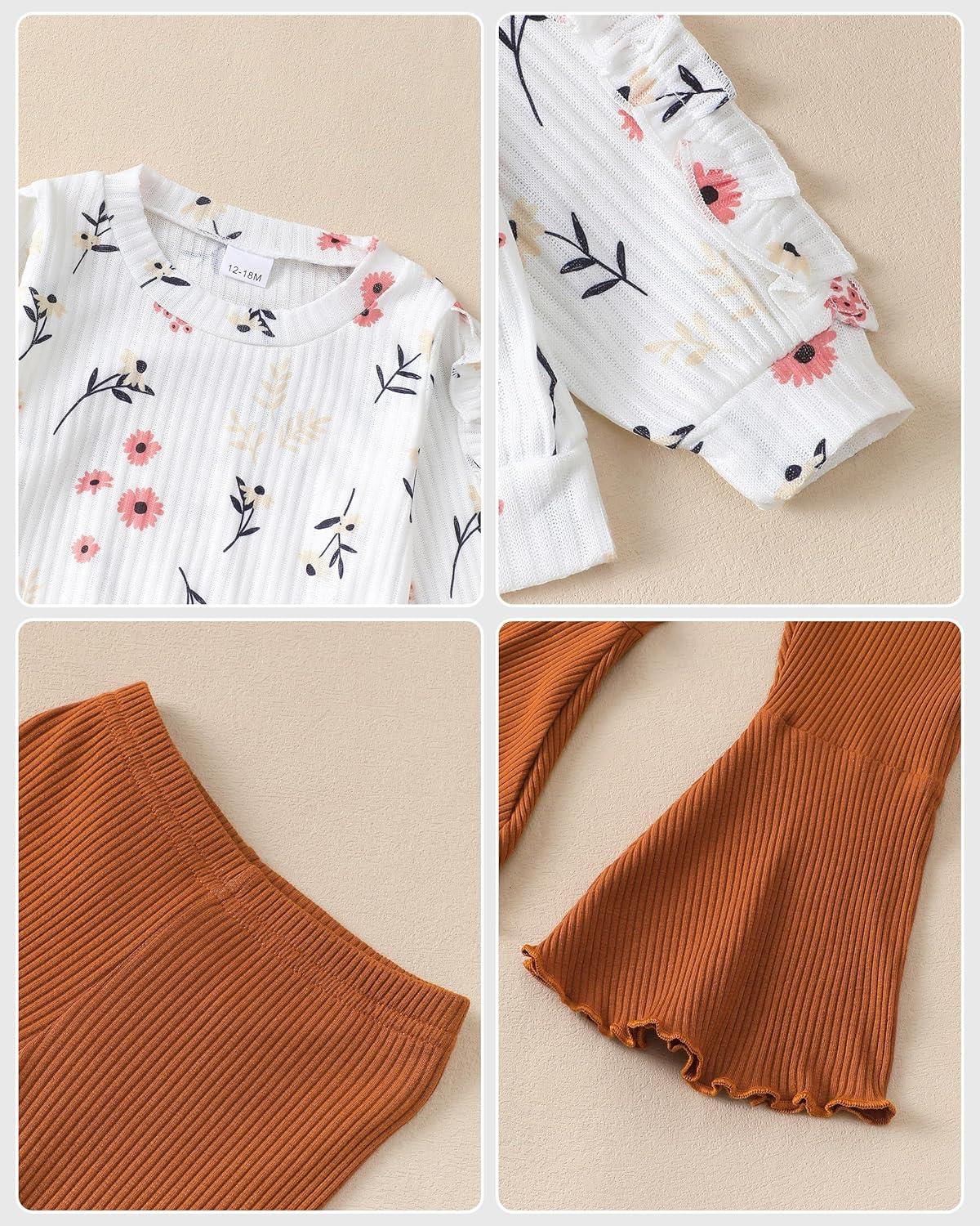 imageRenotemy Toddler Baby Girl Clothes Fall Winter Outfits Ruffle Sleeve Crew Neck Sweatshirts Flare Pants Set 12Months4 YearWhite Flower