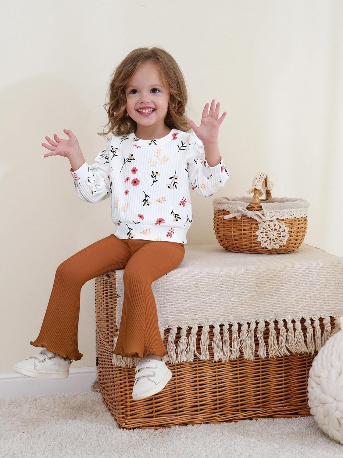 imageRenotemy Toddler Baby Girl Clothes Fall Winter Outfits Ruffle Sleeve Crew Neck Sweatshirts Flare Pants Set 12Months4 YearWhite Flower
