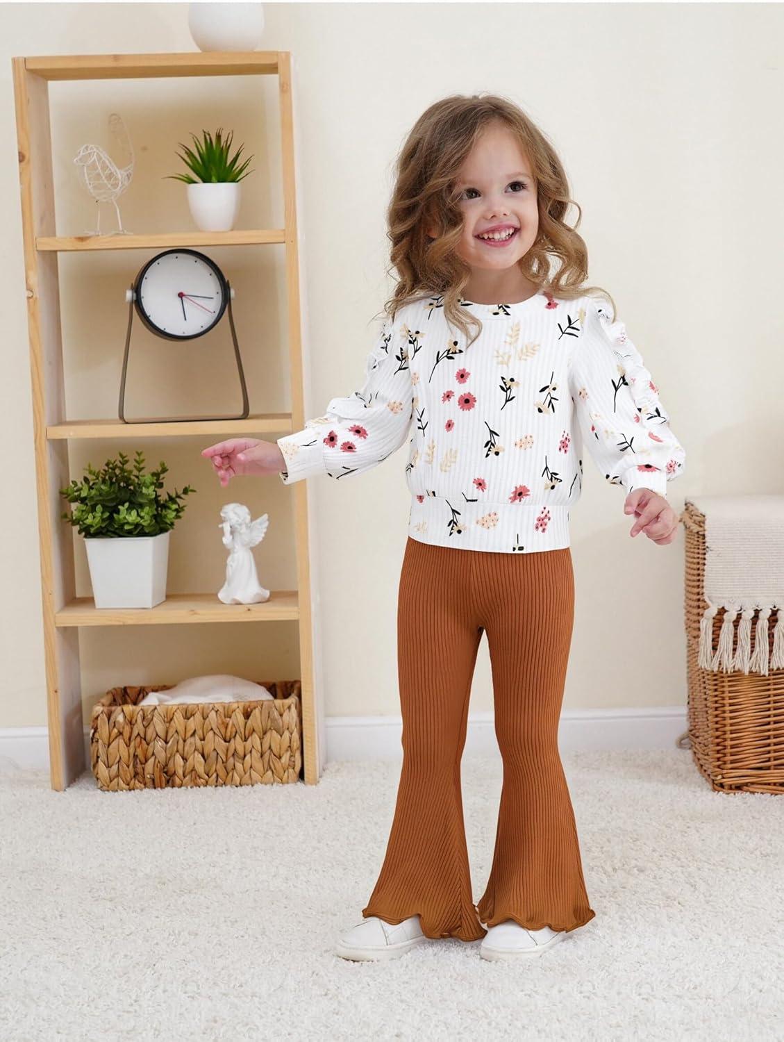 imageRenotemy Toddler Baby Girl Clothes Fall Winter Outfits Ruffle Sleeve Crew Neck Sweatshirts Flare Pants Set 12Months4 YearWhite Flower