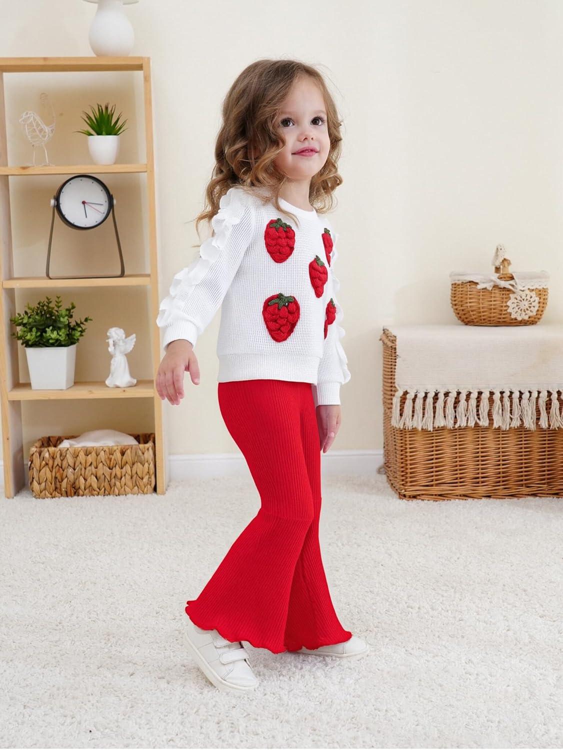 imageRenotemy Toddler Baby Girl Clothes Fall Winter Outfits Ruffle Sleeve Crew Neck Sweatshirts Flare Pants Set 12Months4 YearWhite Strawberry