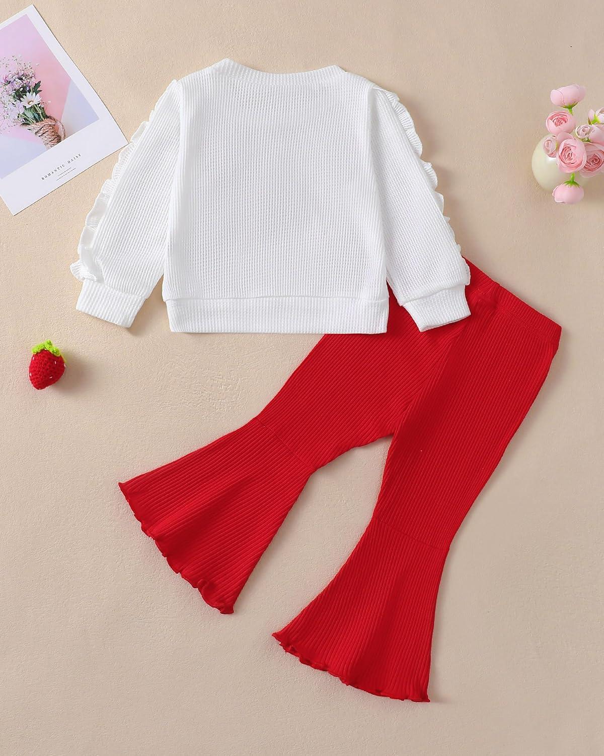 imageRenotemy Toddler Baby Girl Clothes Fall Winter Outfits Ruffle Sleeve Crew Neck Sweatshirts Flare Pants Set 12Months4 YearWhite Strawberry
