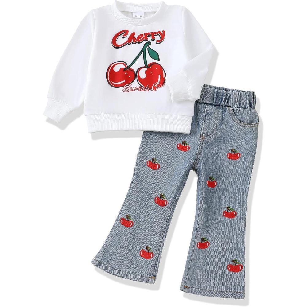 imageRenotemy Toddler Baby Girl Clothes Fall Winter Outfits Gifts Sweatshirt Jeans Bell Bottom Pants Set for 12Months5 Year GirlsWhite Cherry