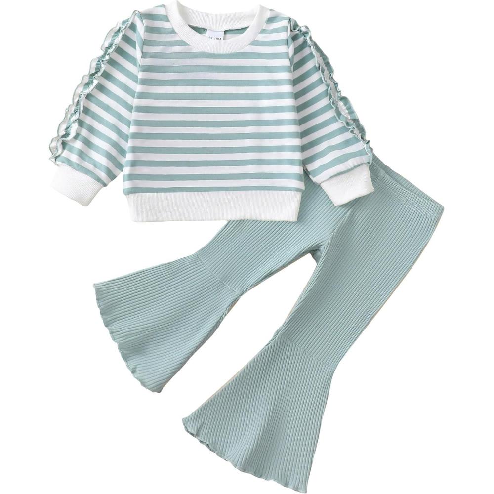 imageRenotemy Toddler Baby Girl Clothes Fall Winter Outfits Ruffle Sleeve Crew Neck Sweatshirts Flare Pants Set 12Months4 YearGreen