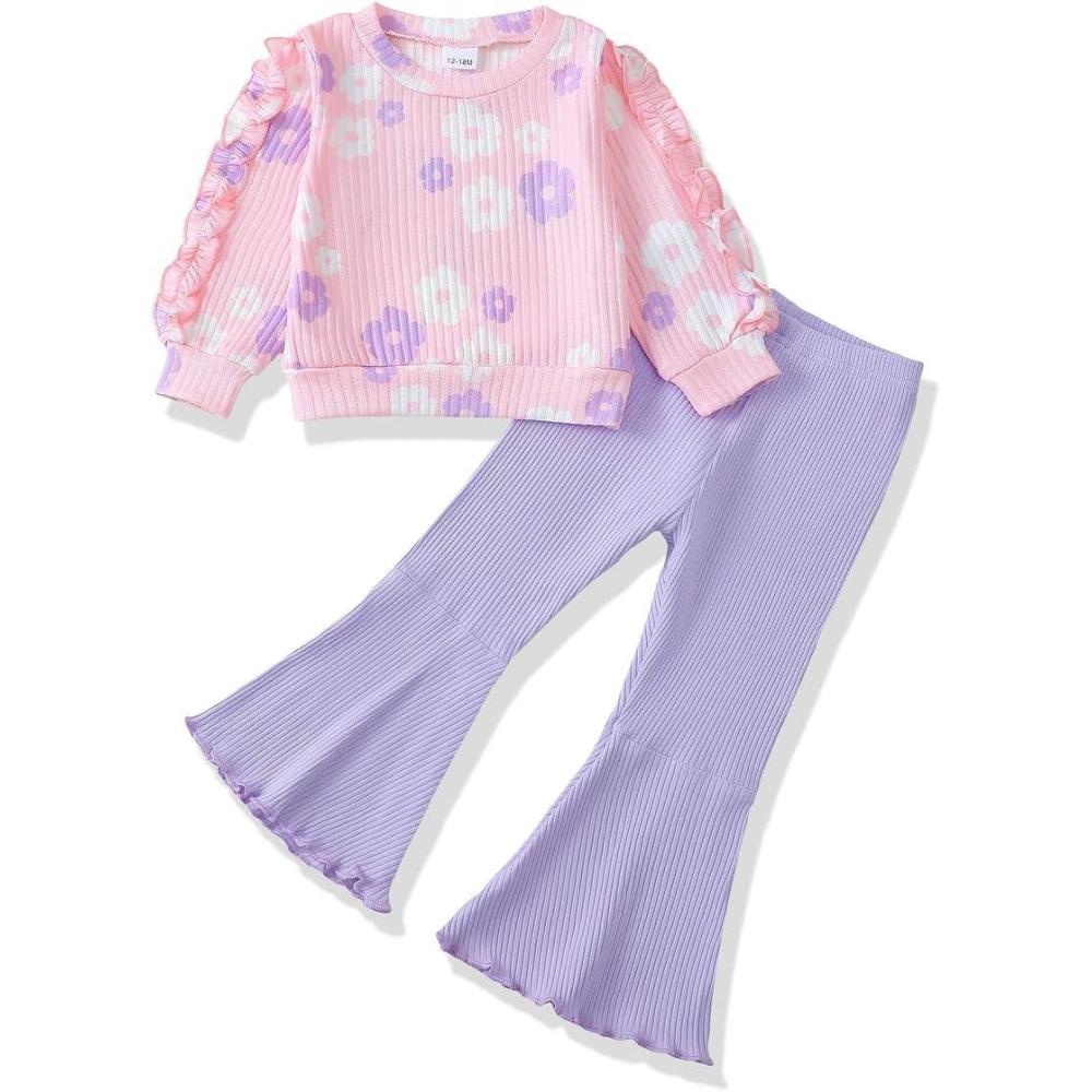 imageRenotemy Toddler Baby Girl Clothes Fall Winter Outfits Ruffle Sleeve Crew Neck Sweatshirts Flare Pants Set 12Months4 YearLight Pink