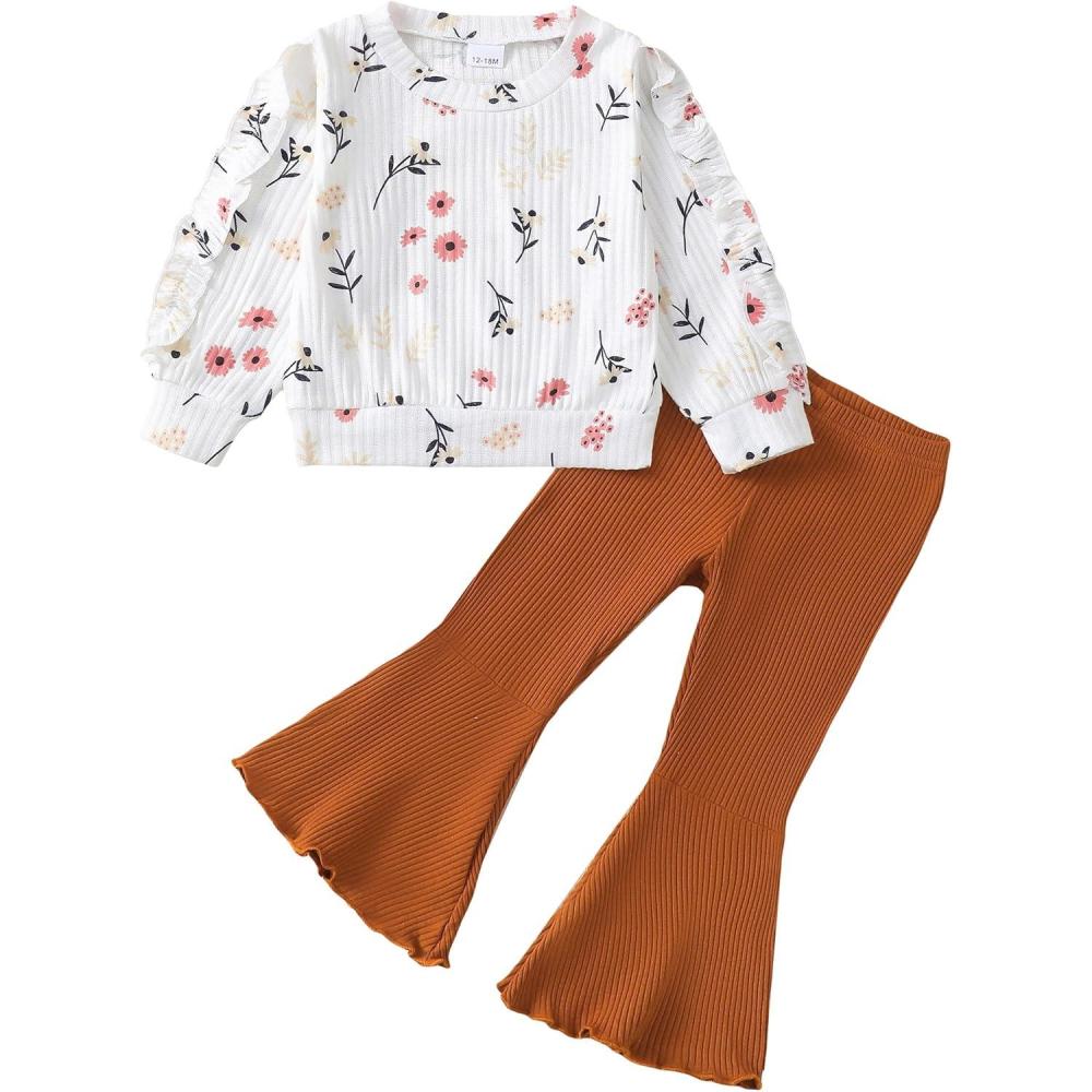 imageRenotemy Toddler Baby Girl Clothes Fall Winter Outfits Ruffle Sleeve Crew Neck Sweatshirts Flare Pants Set 12Months4 YearWhite Flower