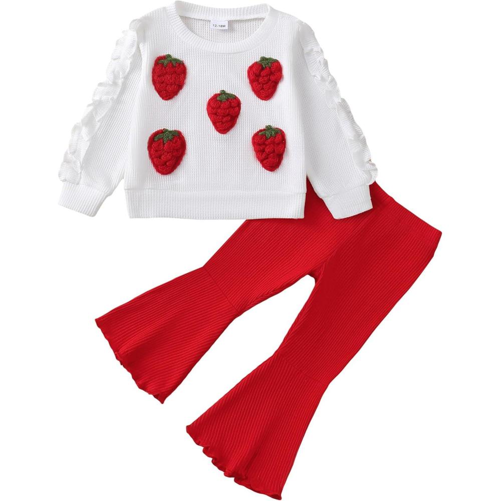imageRenotemy Toddler Baby Girl Clothes Fall Winter Outfits Ruffle Sleeve Crew Neck Sweatshirts Flare Pants Set 12Months4 YearWhite Strawberry