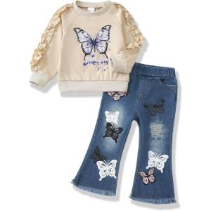 imageRenotemy Toddler Baby Girl Clothes Fall Winter Outfits Gifts Sweatshirt Jeans Bell Bottom Pants Set for 12Months5 Year GirlsKhaki Butterfly