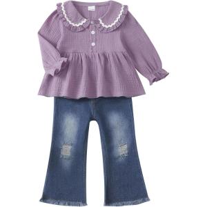 imageRenotemy Toddler Baby Girl Clothes Fall Winter Outfits Gifts Sweatshirt Jeans Bell Bottom Pants Set for 12Months5 Year GirlsPurple